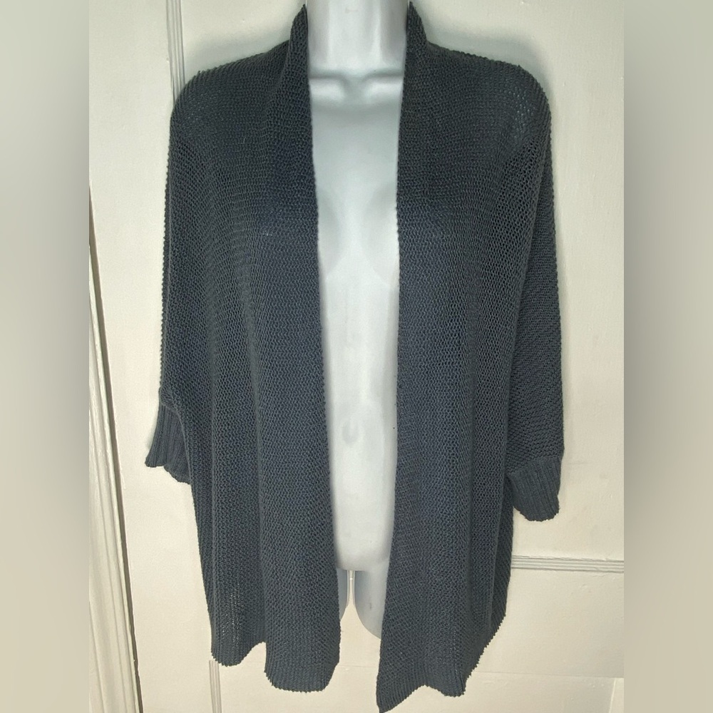 Eileen Fisher Blue Open-Front Mesh Linen Blend Cardigan